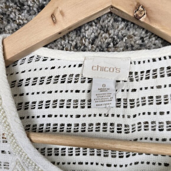 Chicos Top Womens 0 US Small Off White Scoop Neck Beaded Open‎ Knit Blouse - Picture 6 of 8